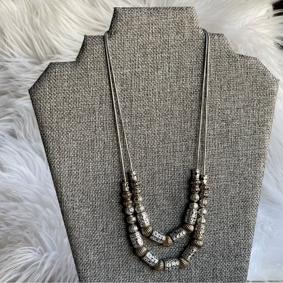 Textured Silver Gold Tube Round Beads Two-Strand Silver Snake Chain Necklace - Picture 7 of 9